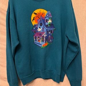Vintage Tultex crewneck Teal Halloween Haunted House Sweatshirt